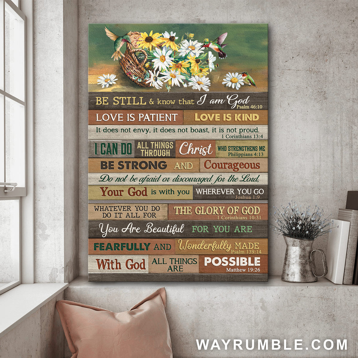 Daisy basket, Hummingbird, Be still and know that I am God - Jesus Portrait Canvas Prints, Wall Art