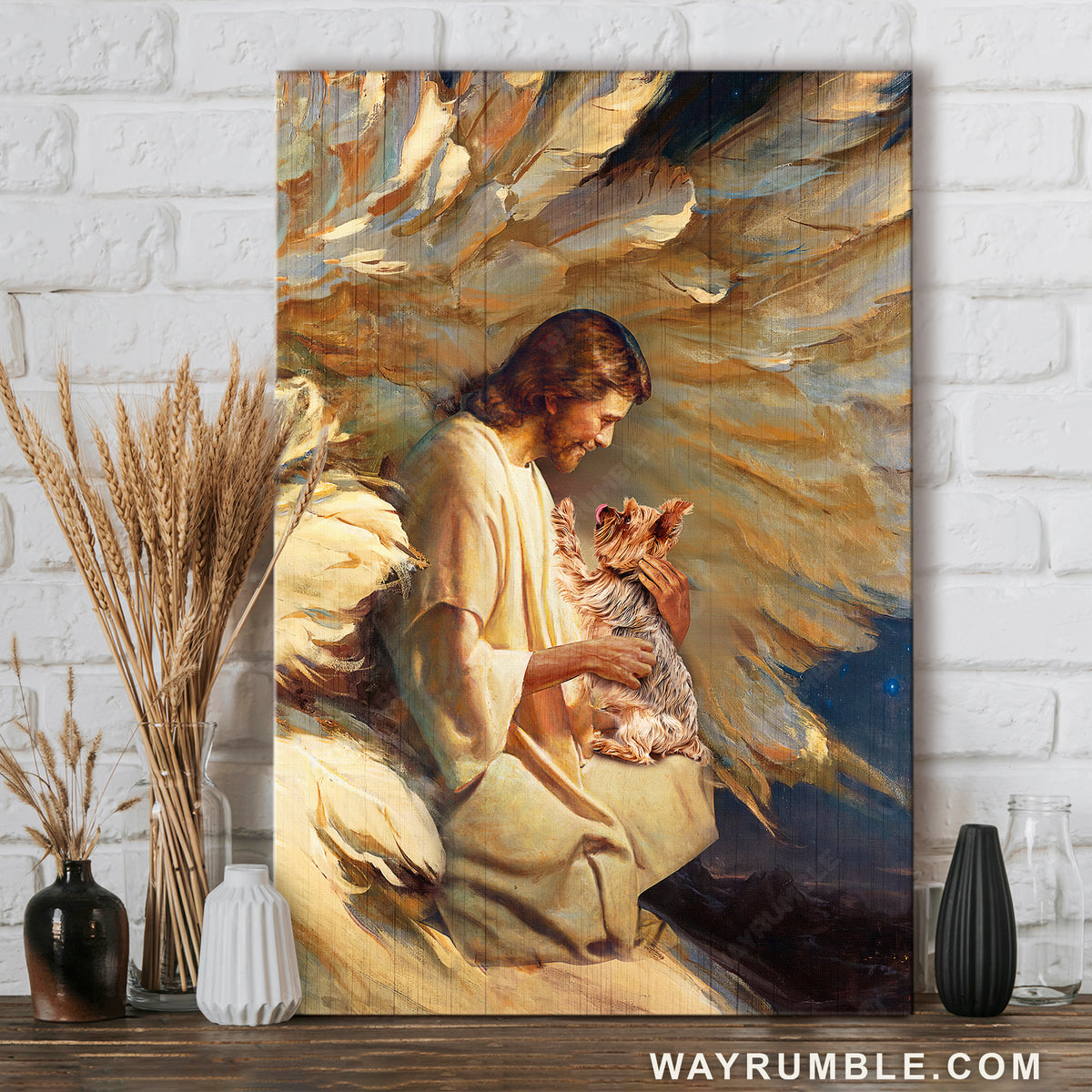 Amazing angel wings, Little Yorkshire Terrier, Jesus painting - Jesus Portrait Canvas Prints, Home Decor Wall Art