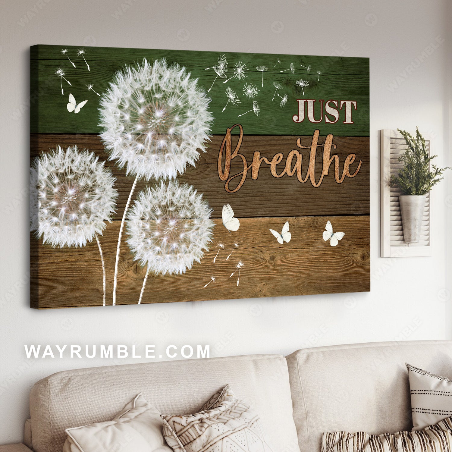 Dandelion painting, Wooden background, Just breathe - Jesus Landscape Canvas Prints, Christian Wall Art