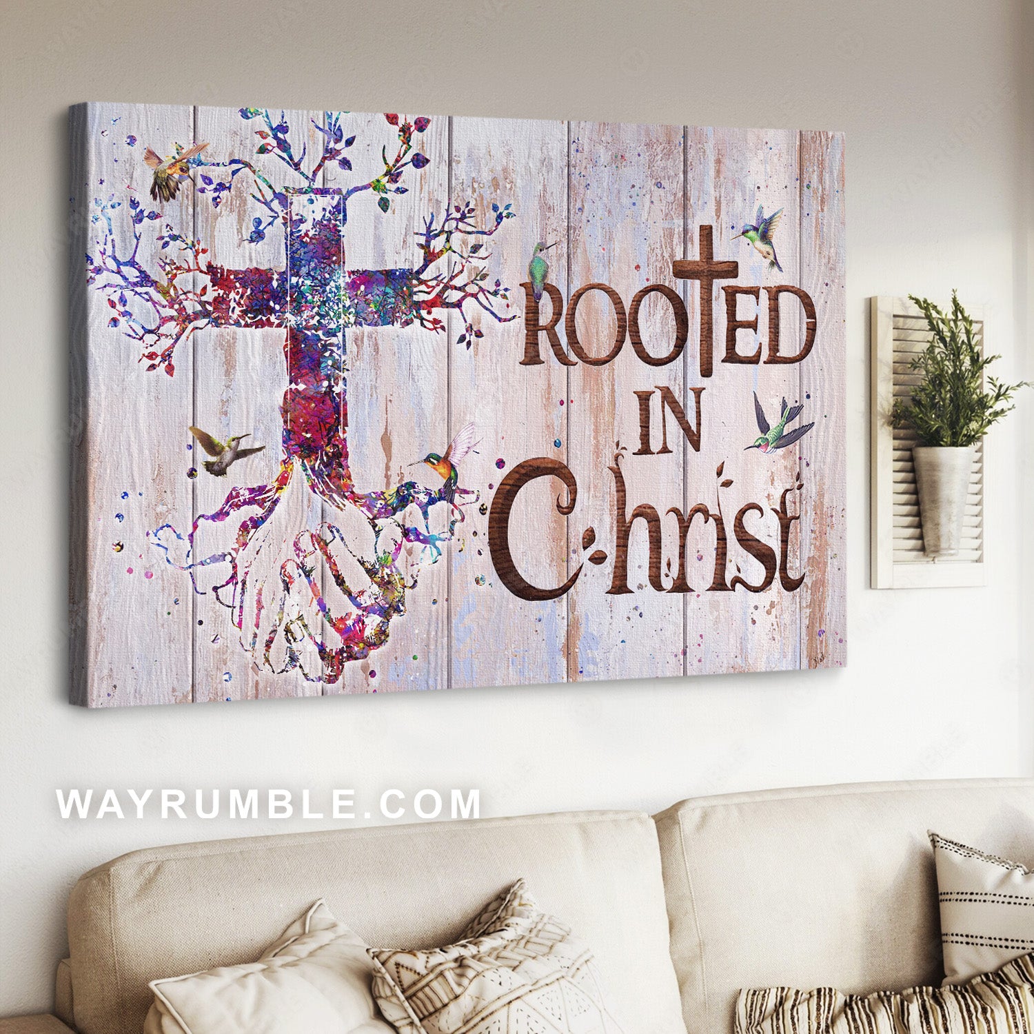 Colorful cross, Hand in hand, Lovely hummingbird, Rooted in Christ - Jesus Landscape Canvas Prints, Home Decor Wall Art