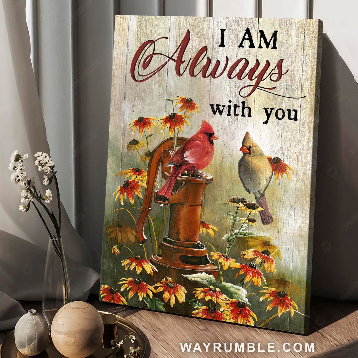 Red cardinal, Yellow cardinal, Coneflower, I am always with you - Jesus Portrait Canvas Prints, Christian Wall Art