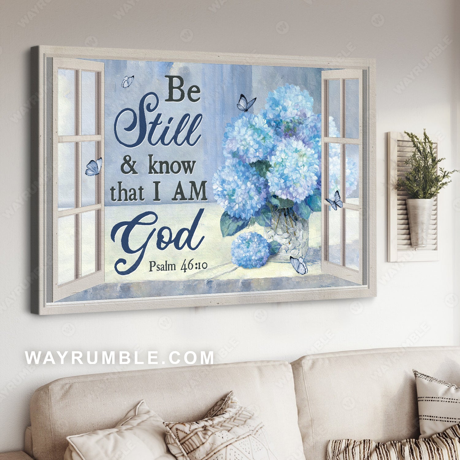 Hydrangea vase, Blue butterfly, Be still and know that I am God - Jesus Landscape Canvas Prints, Home Decor Wall Art