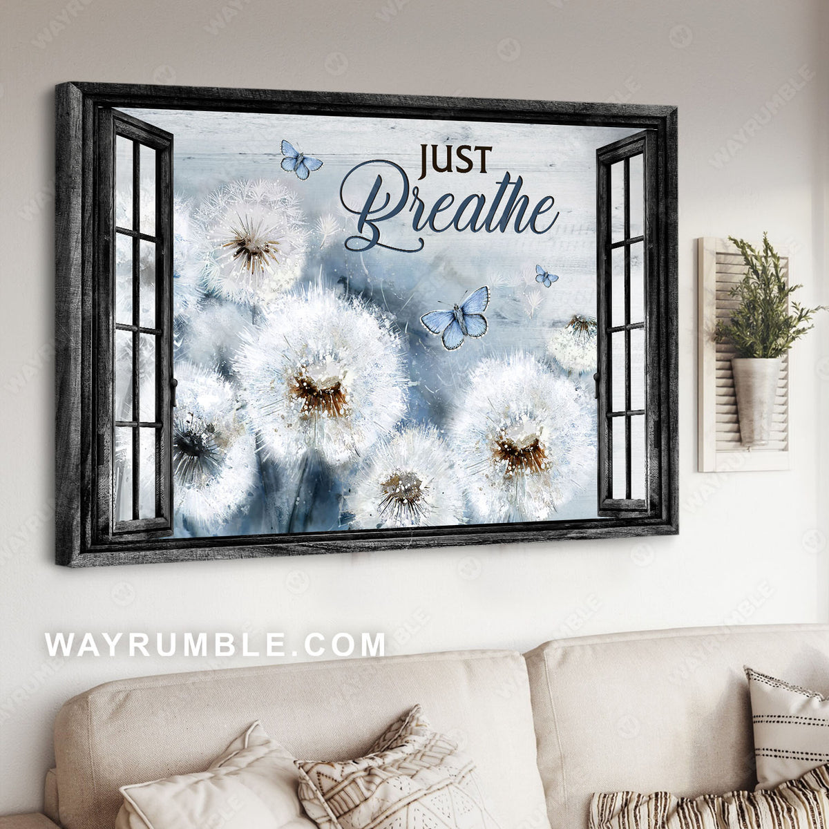 Dandelion painting, Blue butterfly, Window frame, Just breath - Jesus Landscape Canvas Prints, Christian Wall Art