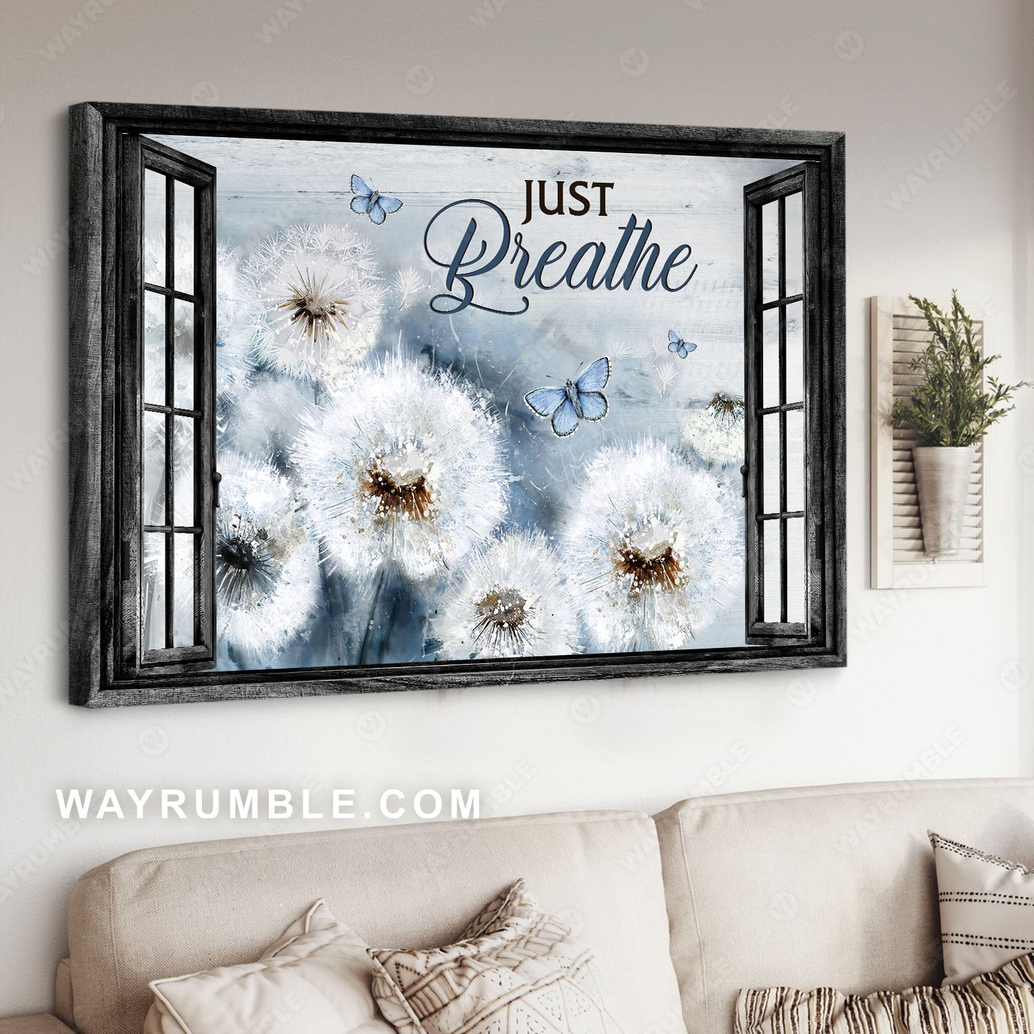 Dandelion painting, Blue butterfly, Window frame, Just breath - Jesus Landscape Canvas Prints, Christian Wall Art
