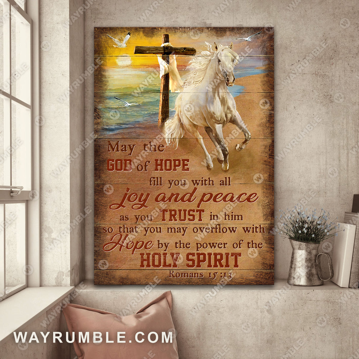Running horse, Wooden cross, May the God of hope fill you with all joy and peace - Jesus Portrait Canvas Prints, Wall Art
