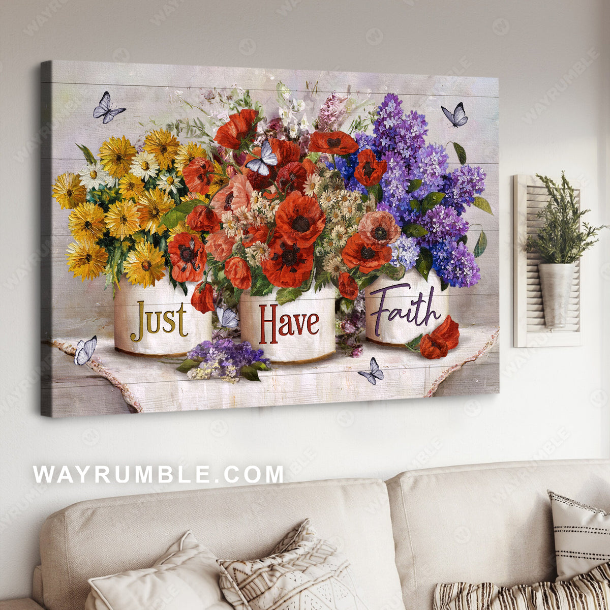 Red poppy, Colorful flower, Purple butterfly, Just have faith - Jesus Landscape Canvas Prints, Christian Wall Art