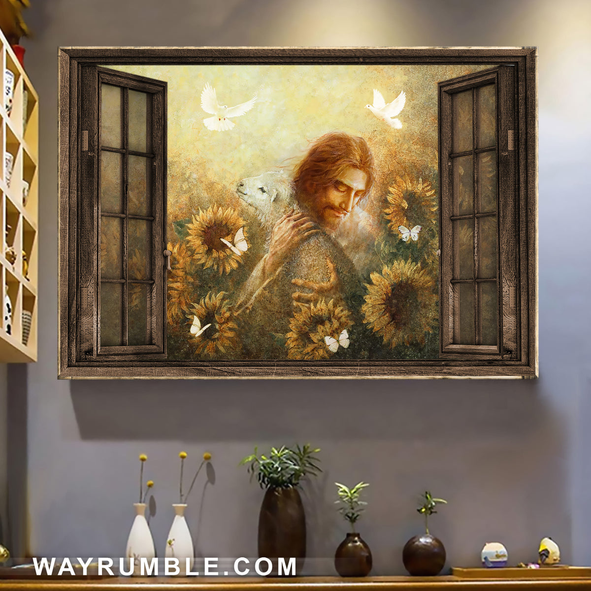 Jesus Painting, Lamb, Sunflower field, Butterfly - Jesus Landscape Canvas Prints, Wall Art