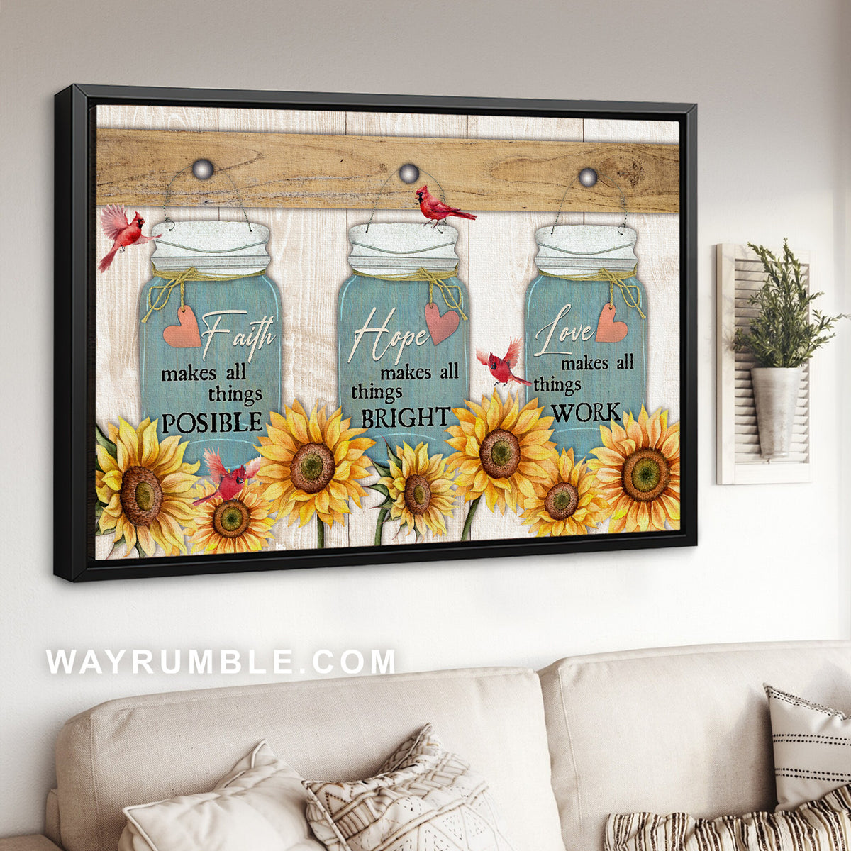Sunflower garden, Wish bottle, Cardinal drawing, Love makes all things work - Jesus Landscape Canvas Prints, Christian Wall Art