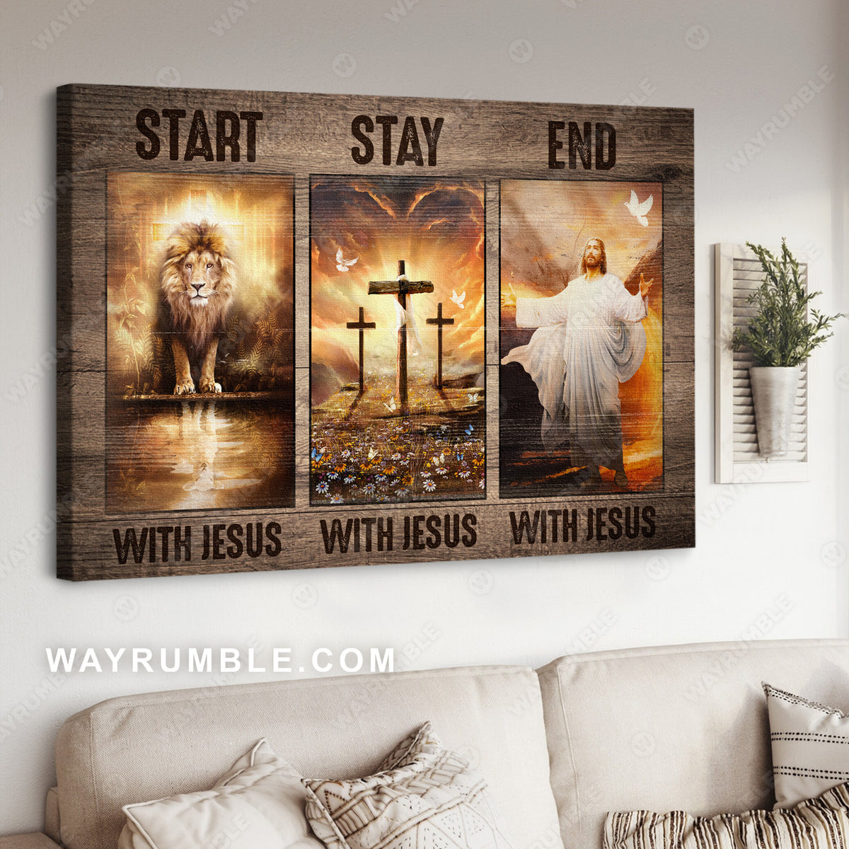 Lion of Jesus, Wooden cross, Jesus calls, Start stay end with Jesus - Jesus Landscape Canvas Prints, Christian Wall Art