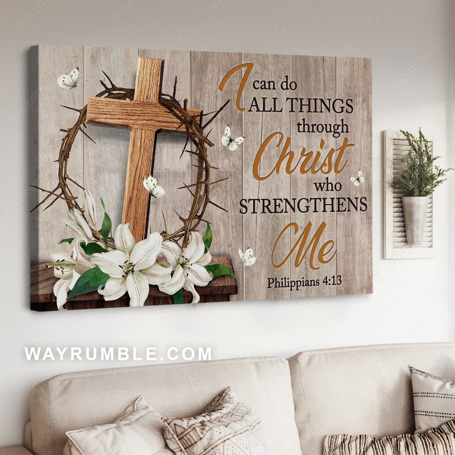 Wooden cross, Thorn crown, White lily, I can do all things - Jesus Landscape Canvas Prints, Christian Wall Art