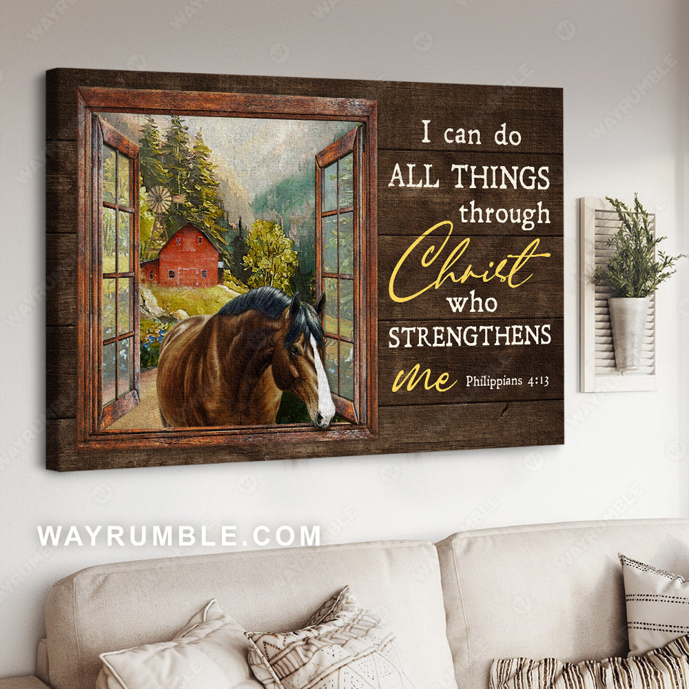 Brown horse, Green meadow, Wooden window, I can do all things through Christ who strengthens me - Jesus Landscape Canvas Prints, Christian Wall Art