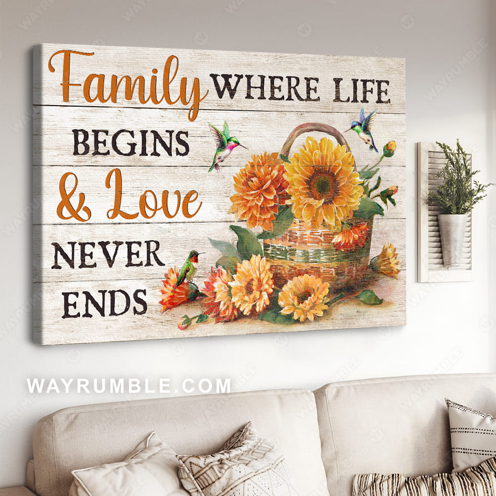 Sunflower drawing, Autumn painting, Colorful hummingbird, Home where life begins and love never ends - Jesus Landscape Canvas Prints, Christian Wall Art