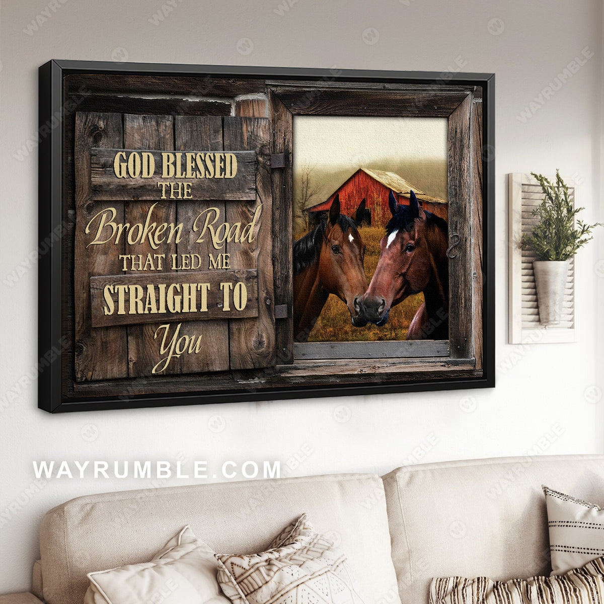 Wooden window, Brown horses, Countryside, God blessed the broken road - Jesus Landscape Canvas Prints, Christian Wall Art