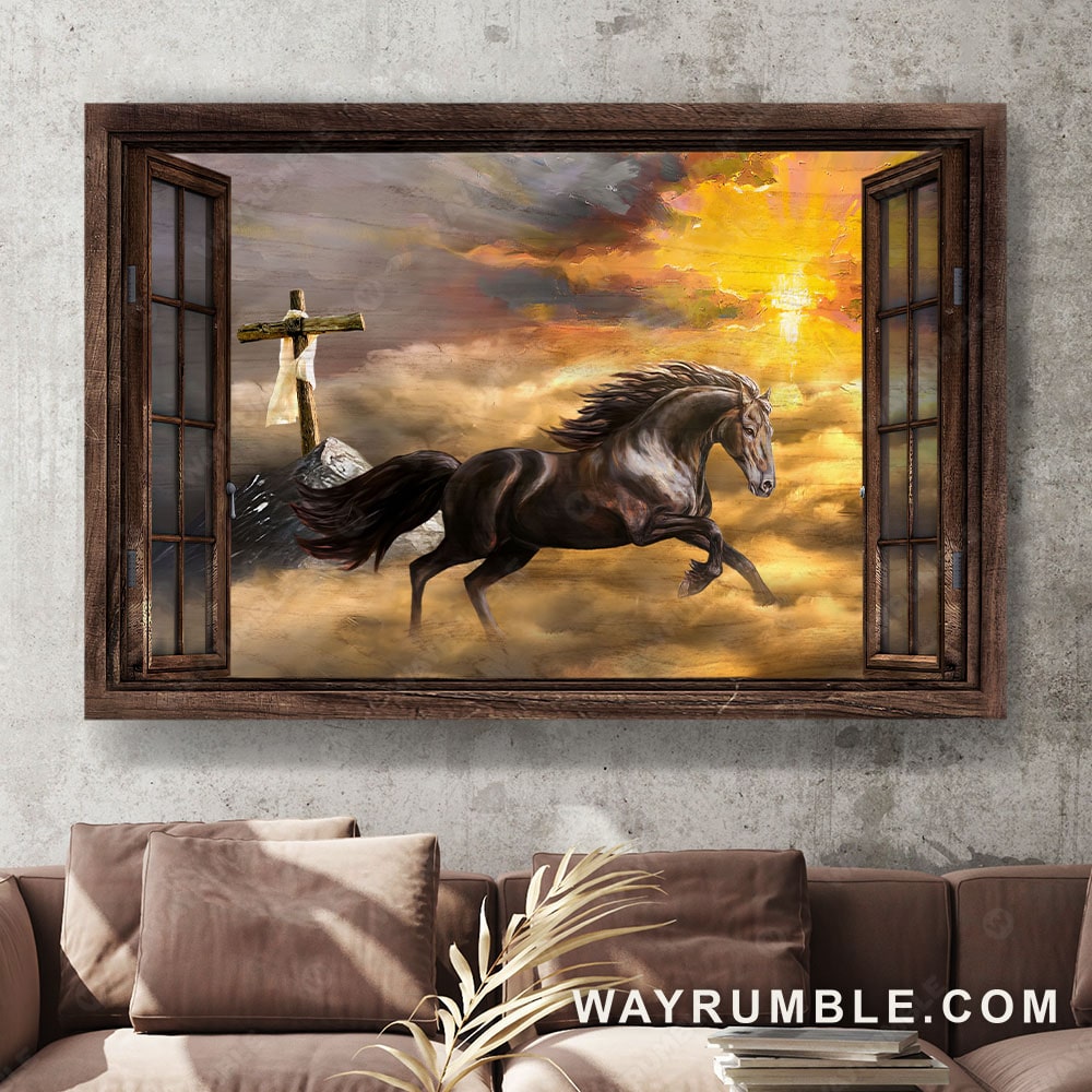 Running horse, Orange sunset, Wooden cross, Way to heaven - Jesus Landscape Canvas Prints, Christian Wall Art