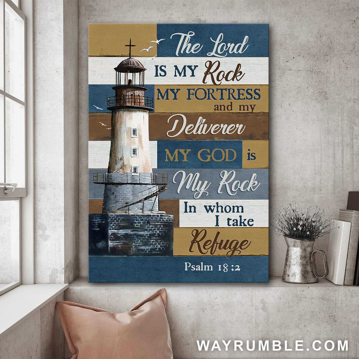 Beautiful lighthouse, Wood cross, The Lord is my rock - Jesus Portrait Canvas Prints, Wall Art
