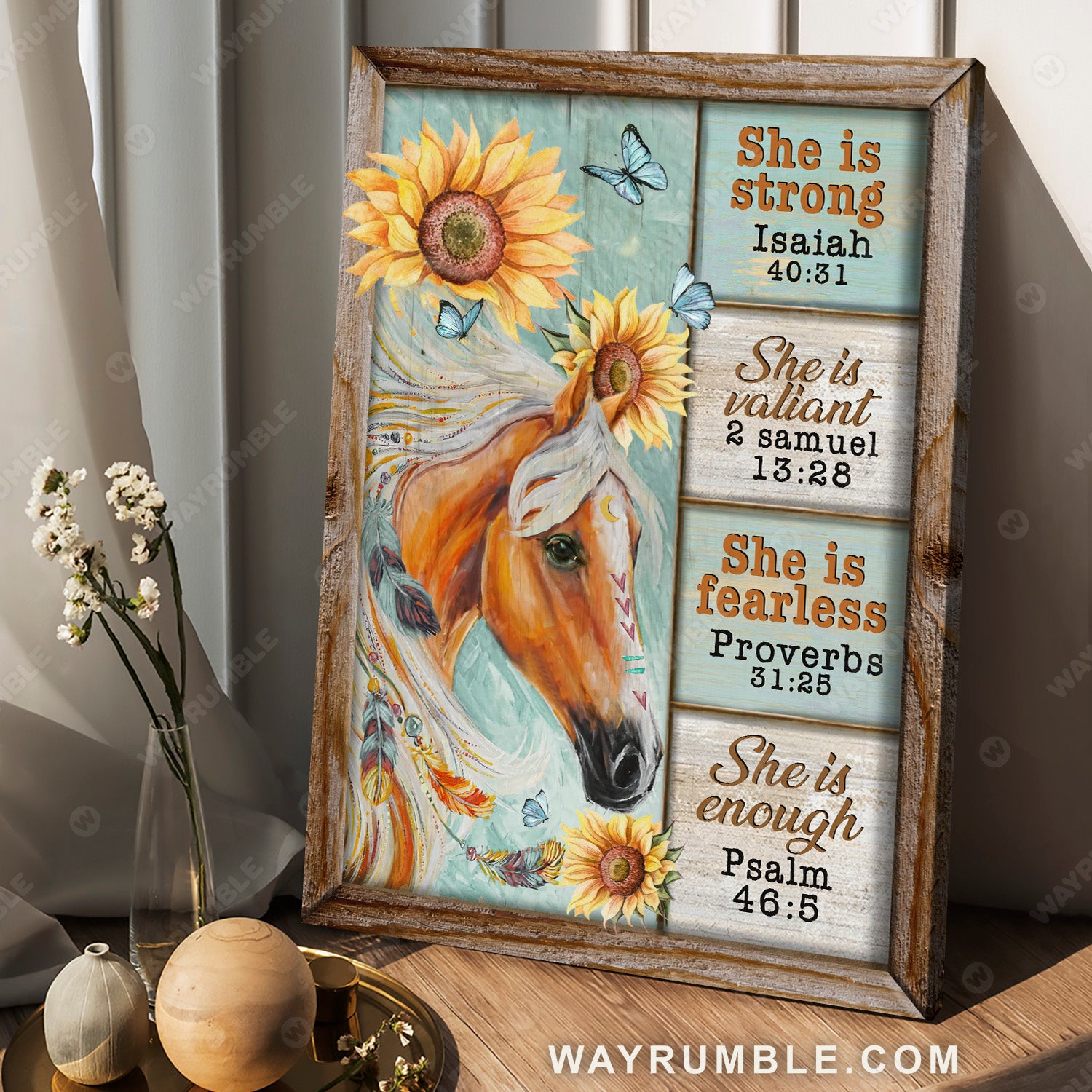 Beautiful horse, Sunflower, Butterfly, She is strong - Jesus Portrait Canvas Prints, Christian Wall Art
