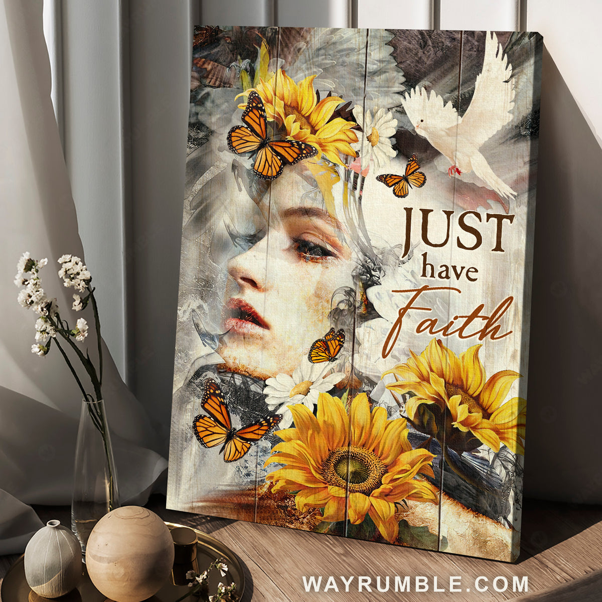 Beautiful girl, Sunflower drawing, Flying dove, Just have faith - Jesus Portrait Canvas Prints, Christian Wall Art