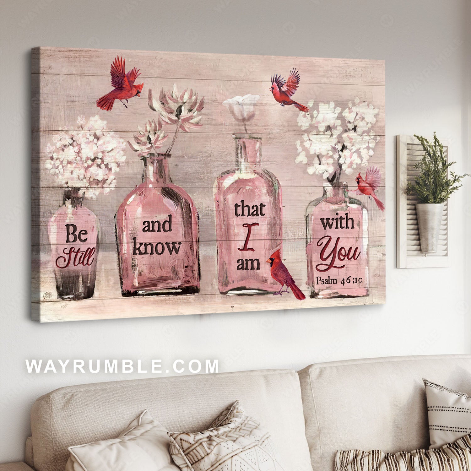 Red cardinals, Glass vases, Baby flowers, Be still I am with you - Jesus Landscape Canvas Prints, Christian Wall Art