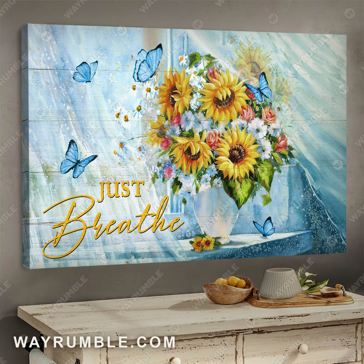 Sunflower painting, Blue background with butterfly, Just breathe - Jesus Landscape Canvas Prints, Wall Art