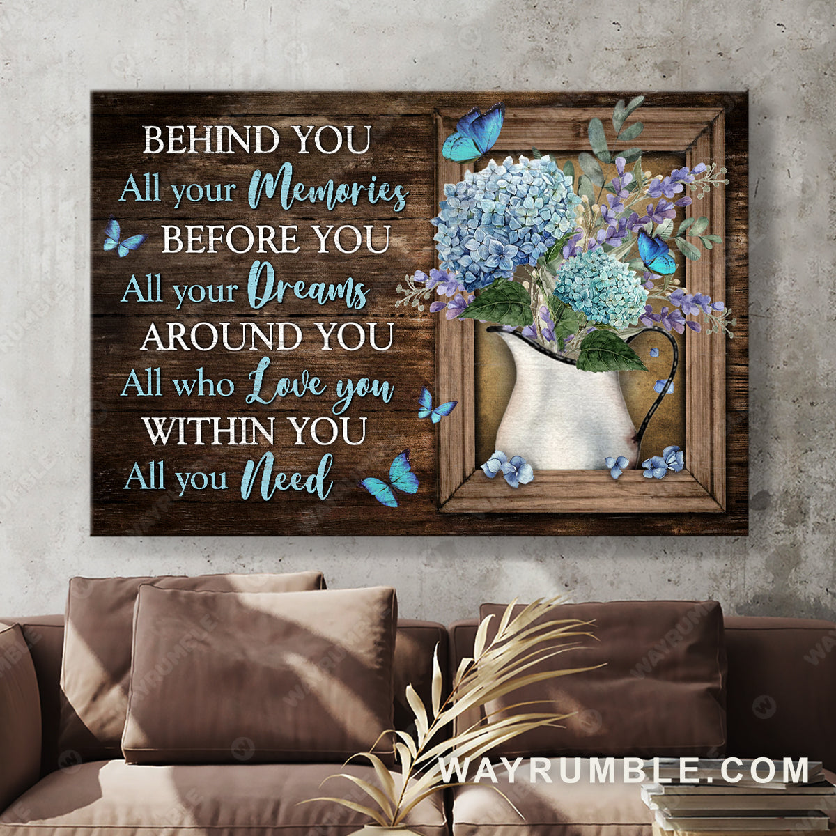 Blue hydrangea, Flower vase, Blue butterfly, Behind you, All your memories - Jesus Landscape Canvas Prints, Christian Wall Art