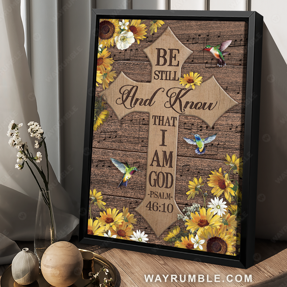 Beautiful cross, Yellow daisy frame, Hummingbird, Be still and know that I am God - Jesus Portrait Canvas Prints, Christian Wall Art