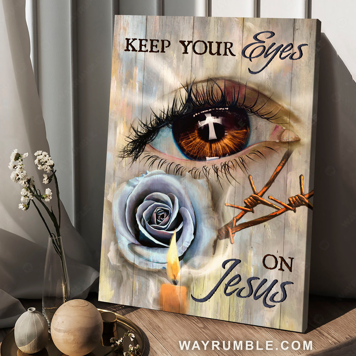 Brown eye, Purple rose, Candle light, Keep your eyes on Jesus - Jesus Portrait Canvas Prints, Christian Wall Art