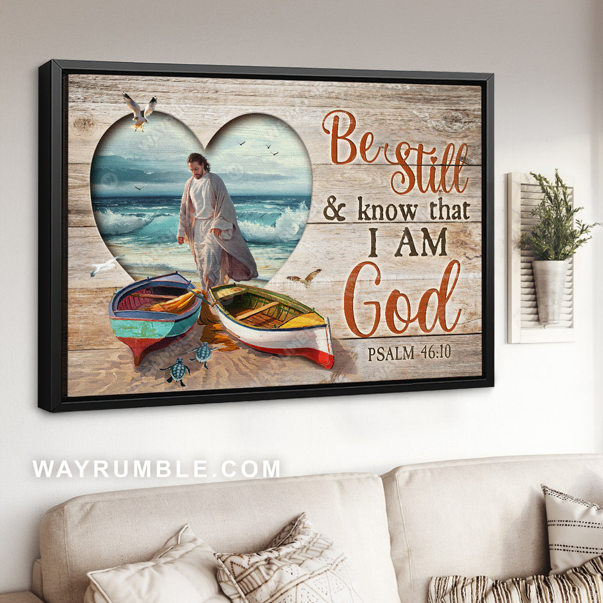 Colorful boat, Jesus walking on water, Heart, Be still and know that I am God - Jesus Landscape Canvas Prints, Christian Wall Art