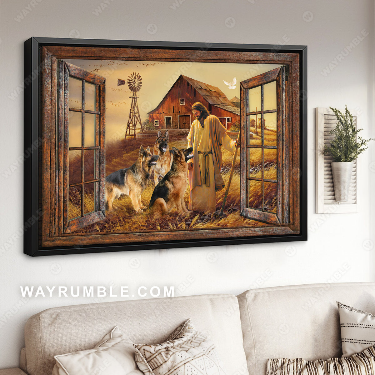 Jesus painting, German shepherd, Countryside landscape, A peaceful day with Jesus Christ - Jesus Landscape Canvas Prints, Christian Wall Art