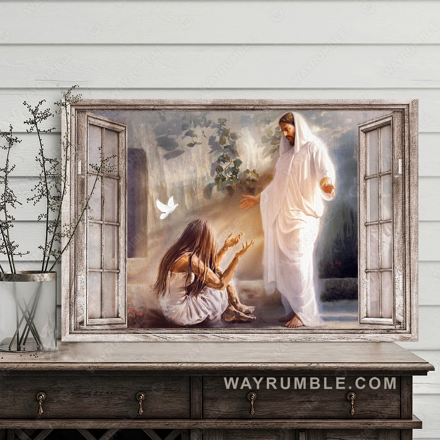 Jesus saves, Miserable girl, Flying dove, God light - Jesus Landscape Canvas Prints, Christian Wall Art