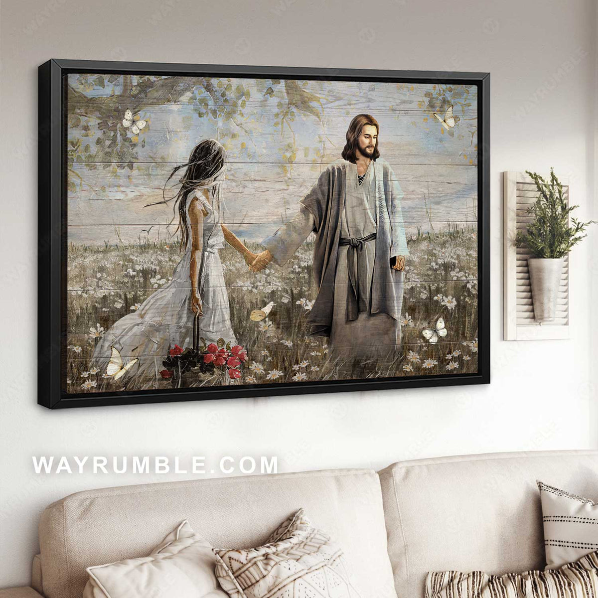 Daisy field, Pretty girl, Rose vase, Walking with Jesus - Jesus Landscape Canvas Prints, Christian Wall Art