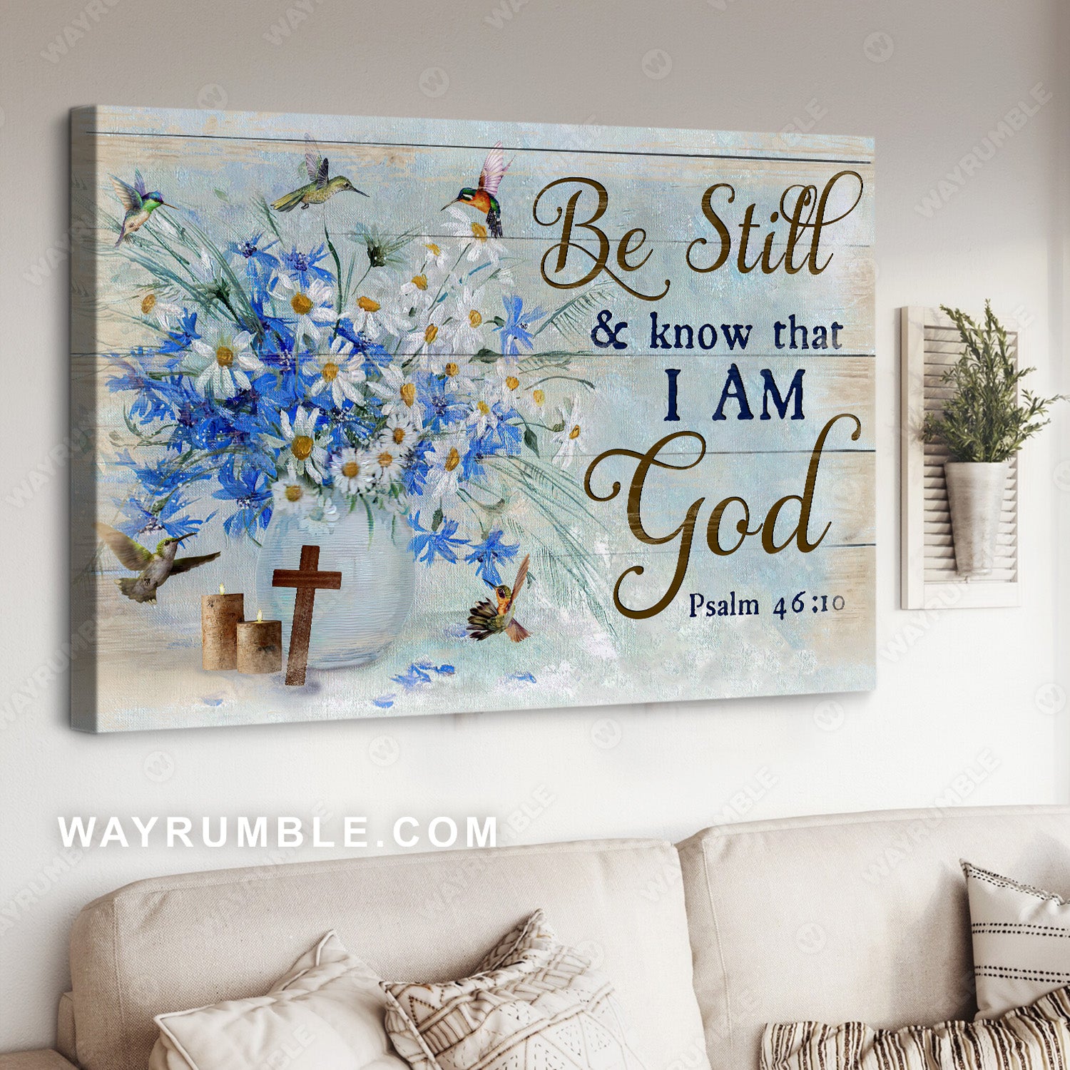 Watercolor daisy, Blue flower, Hummingbird, Be still and know that I am God - Jesus Landscape Canvas Prints, Home Decor Wall Art