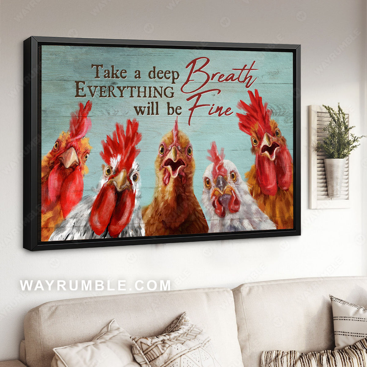 Amazing rooster painting, Peace farm, Take a deep breath, Everything will be fine - Jesus Landscape Canvas Prints, Christian Wall Art