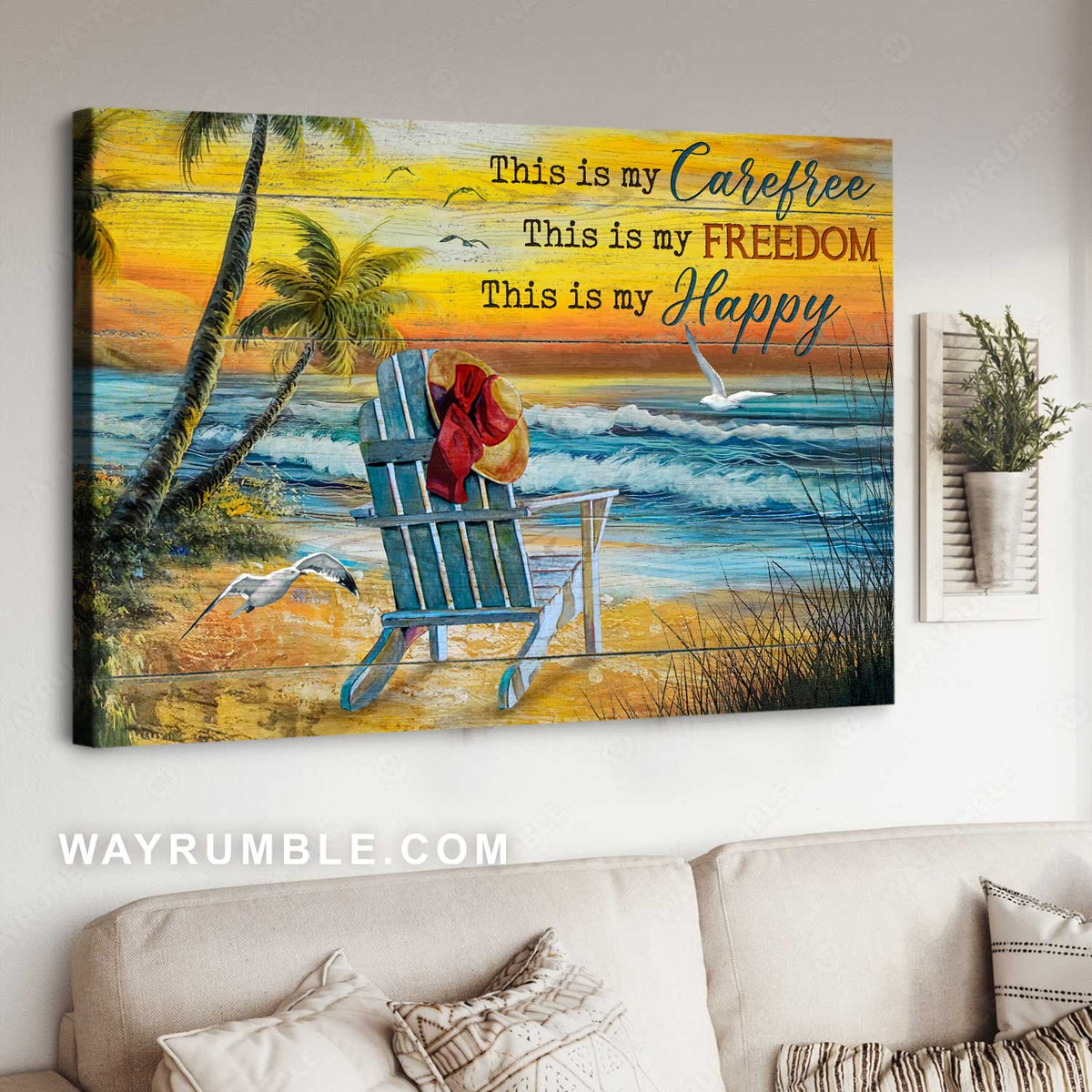 Beach chair, Floppy hat, Sunset beach, This is my carefree - Jesus Landscape Canvas Prints, Christian Wall Art