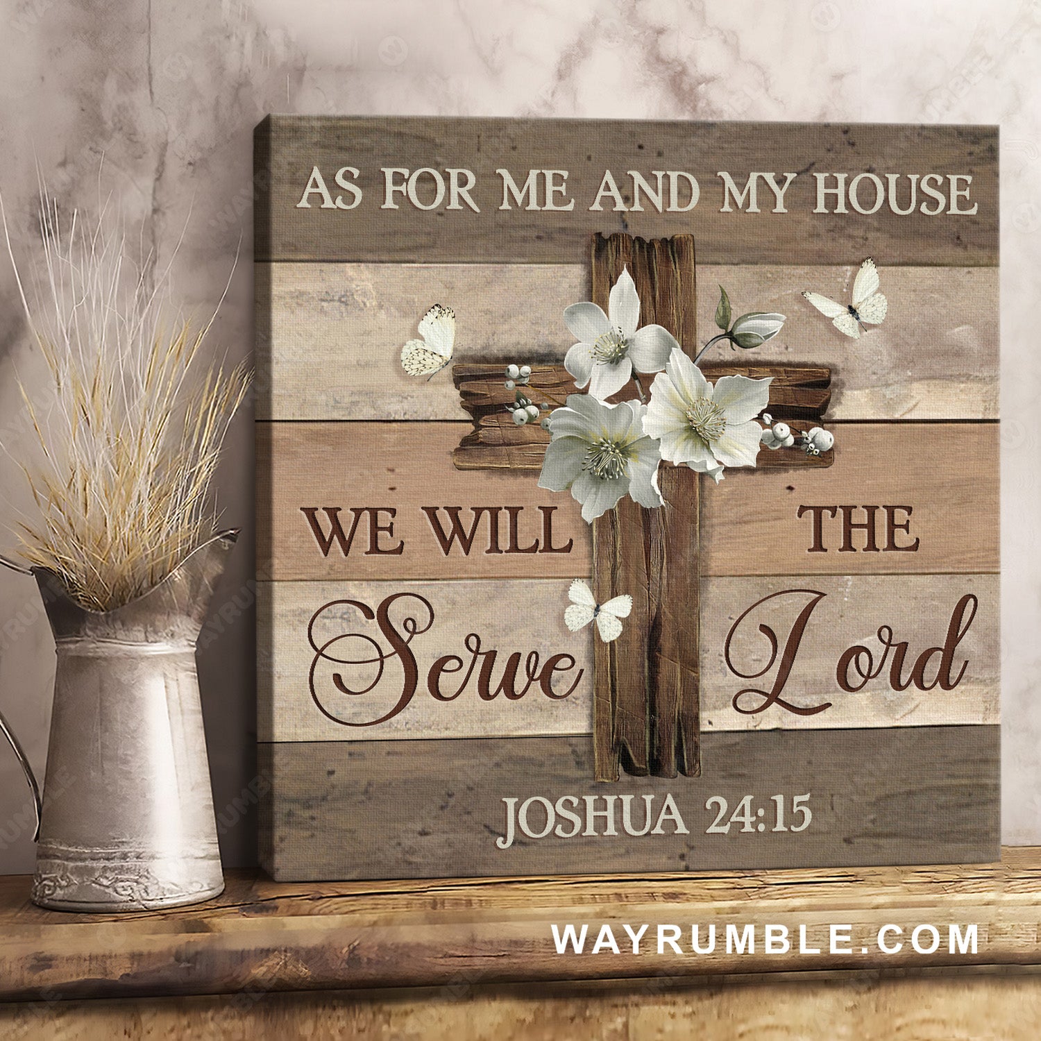 Azalea flower, White butterfly, Wooden cross, We will serve the Lord - Jesus Square Canvas Prints, Christian Wall Art