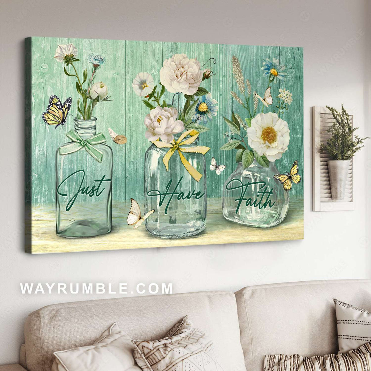 White peony, Blue daisy, Glass jar, Just have faith - Jesus Landscape Canvas Prints, Christian Wall Art