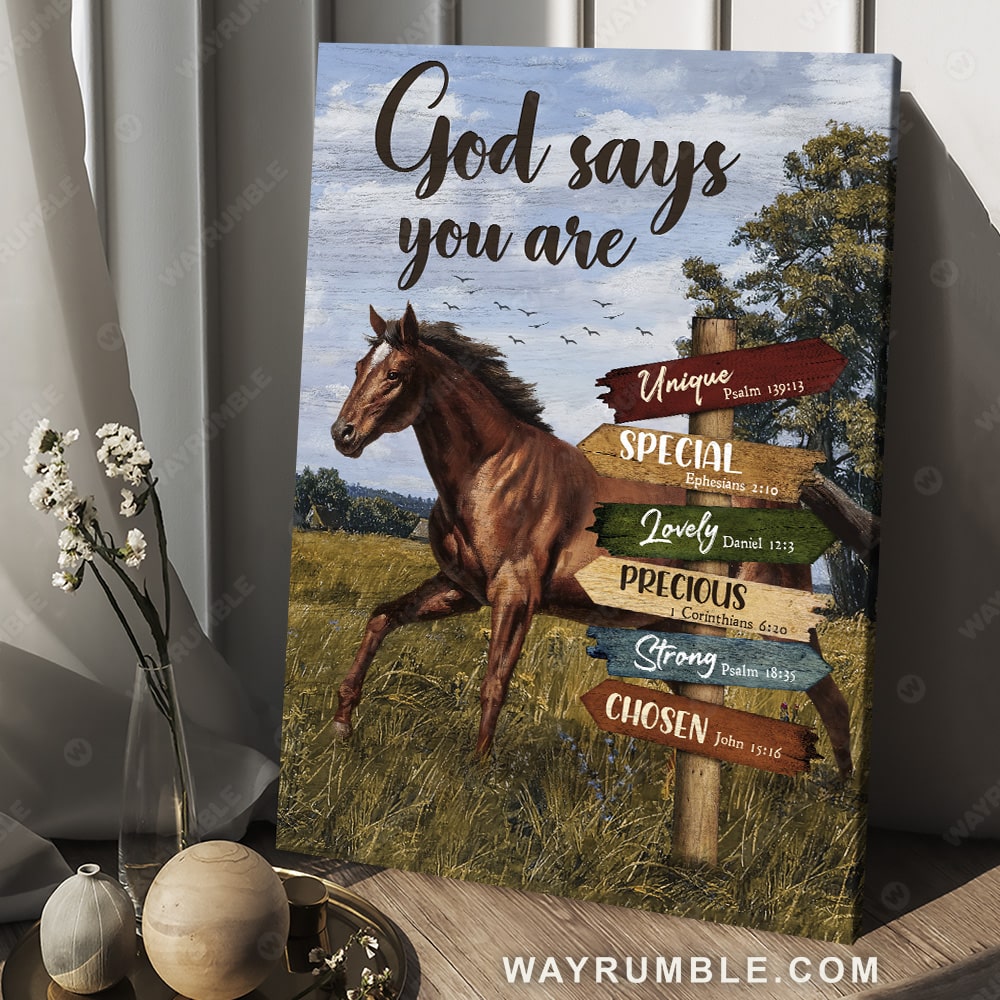 Green meadow, Running horse, God says you are unique - Jesus Portrait Canvas Prints, Christian Wall Art