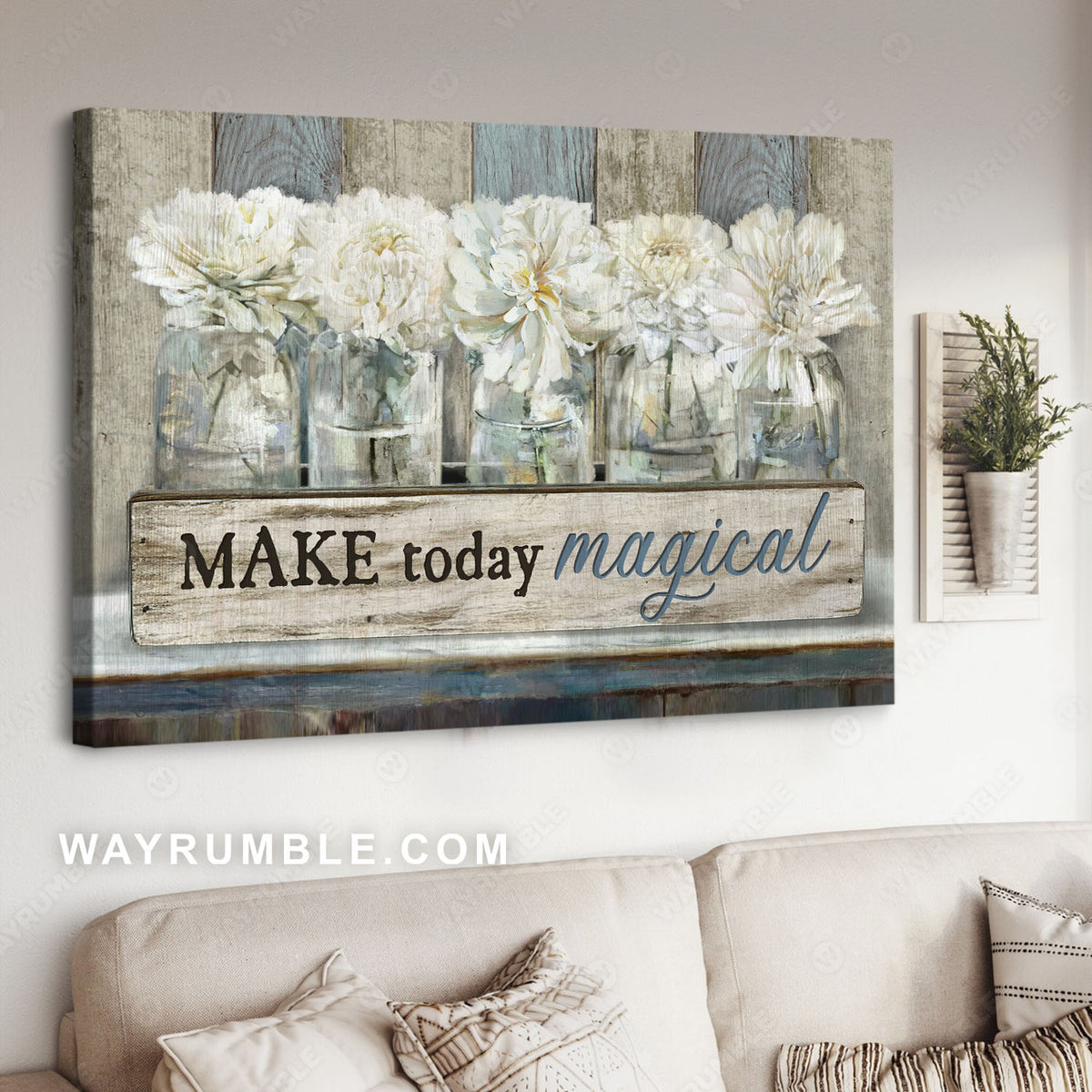 White chrysanthemum flower, Glass jar, Wood box, Make today magical - Jesus Landscape Canvas Prints, Christian Wall Art