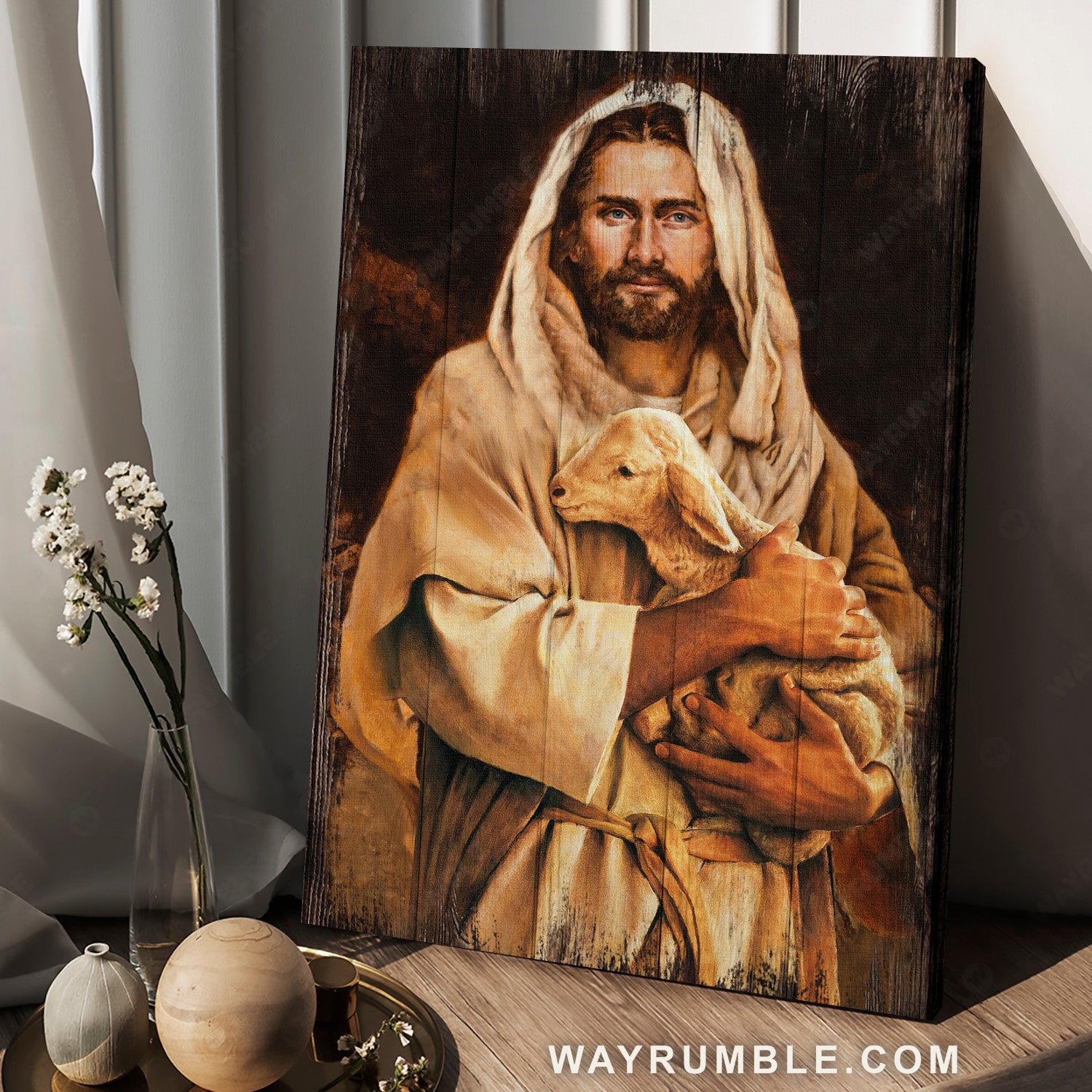 Vintage painting, Stunning Jesus painting, Little lamb, The world in his arm - Jesus Portrait Canvas Prints, Home Decor Wall Art