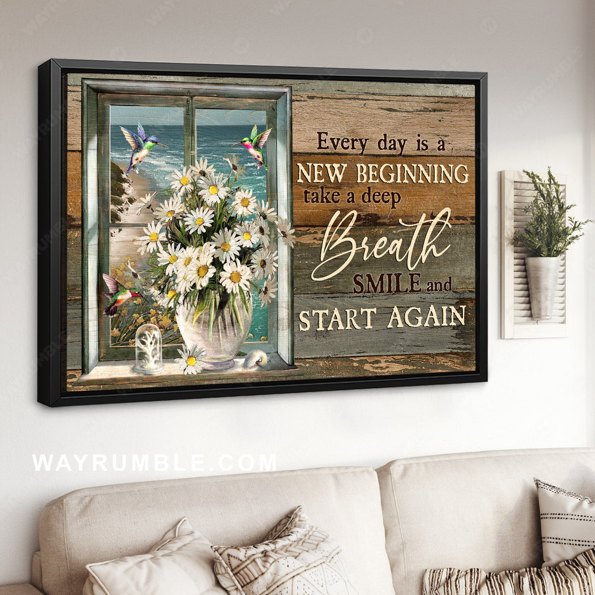 Daisy flower, Ocean view, Hummingbird painting, Every day is a new beginning - Jesus Landscape Canvas Prints, Home Decor Wall Art