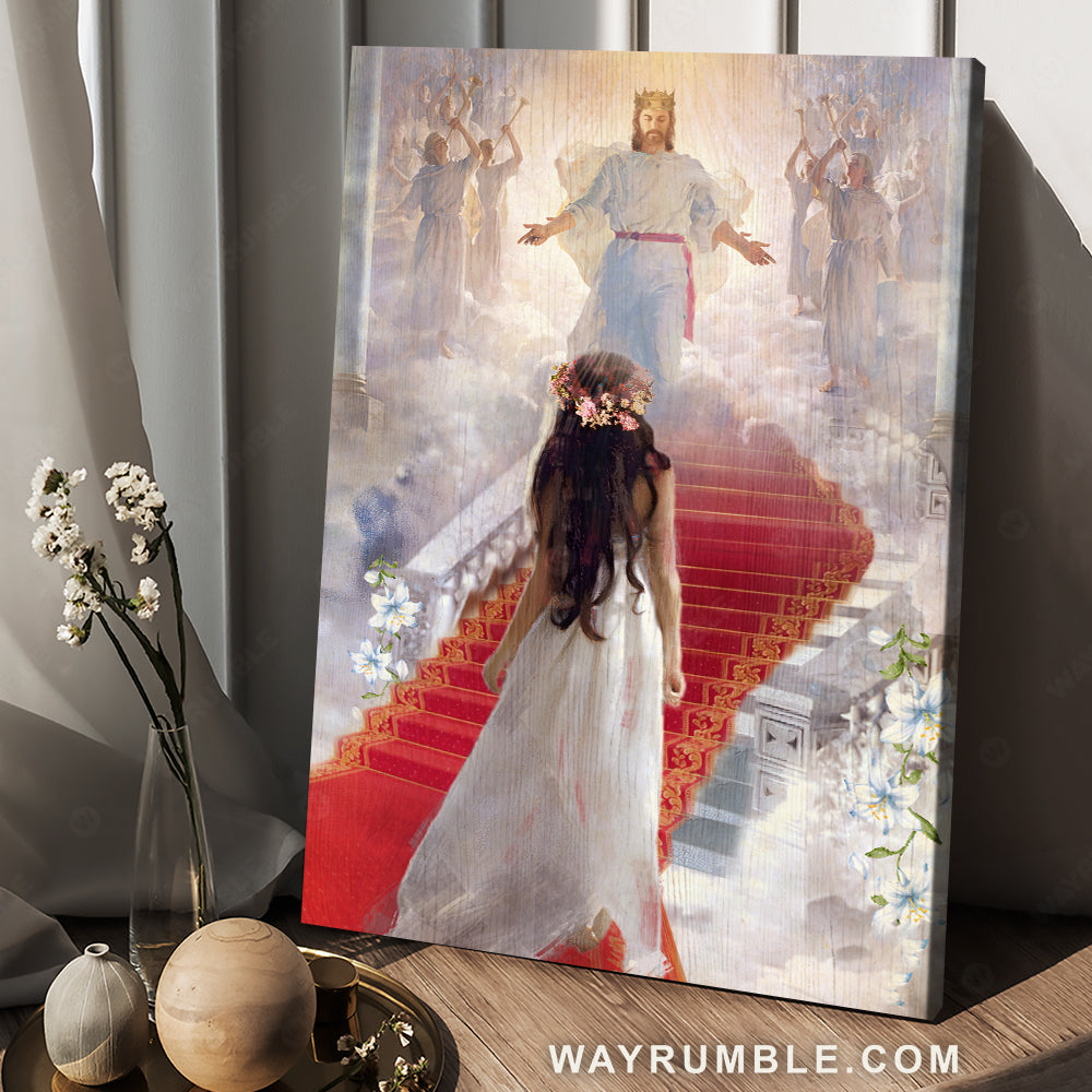 White dress, Walking with Jesus, The way to heaven, Lily flower - Jesus Portrait Canvas Prints, Christian Wall Art