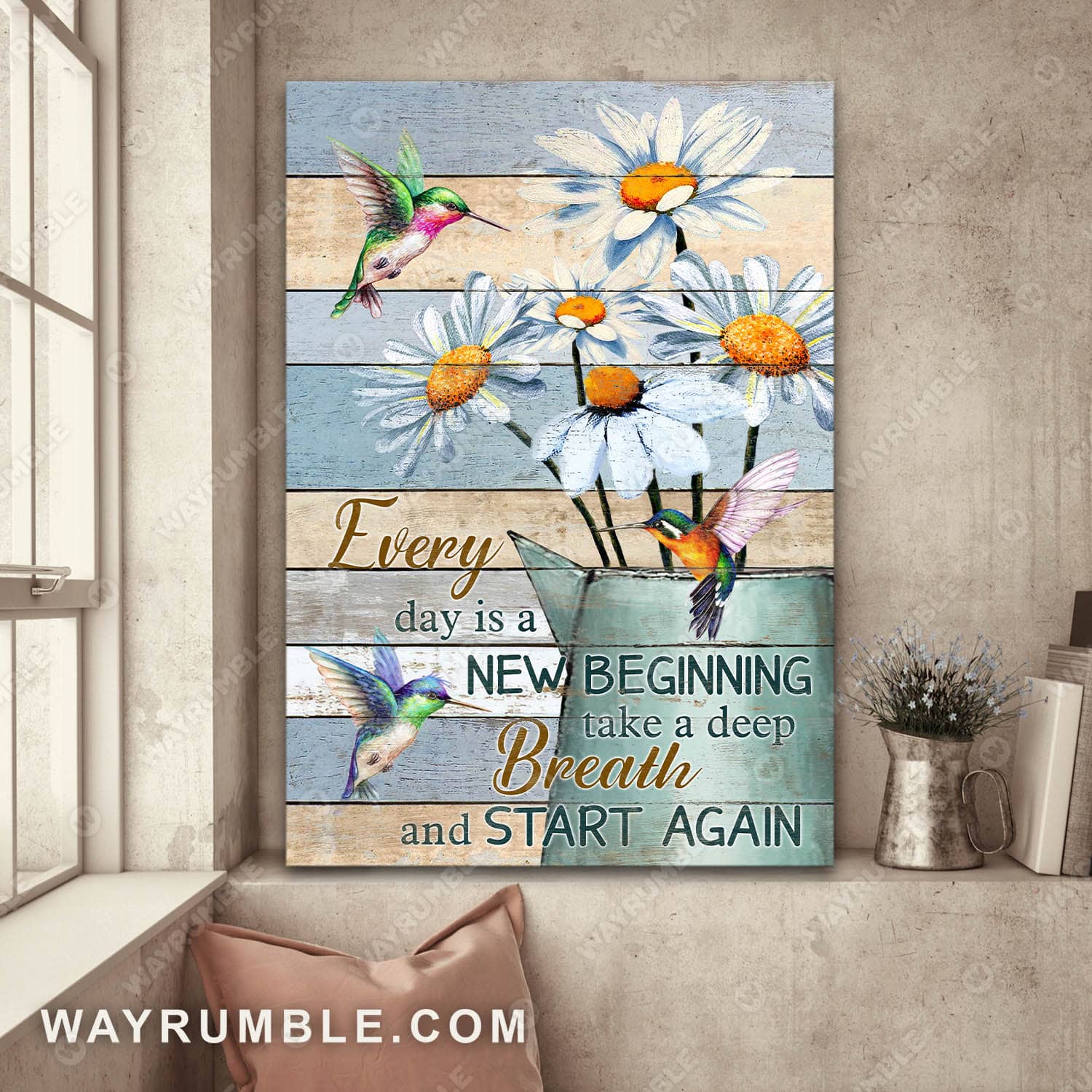 Vintage flower, Daisy vase, Hummingbird, Everyday is a new beginning - Jesus Portrait Canvas Prints, Wall Art