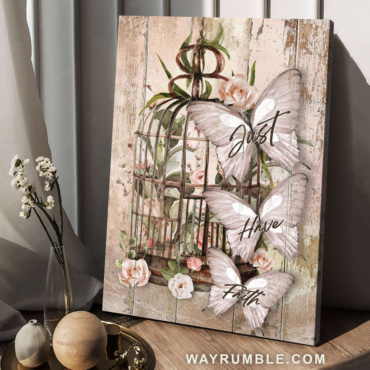 Bird cage, Flower decoration, Pink rose, White butterfly, Just have faith - Jesus Portrait Canvas Prints, Christian Wall Art