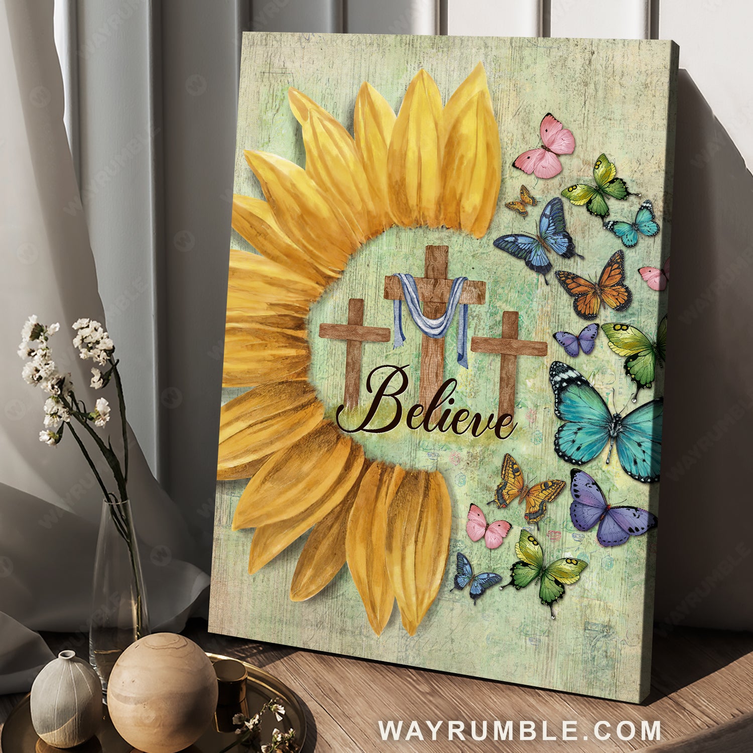Colorful butterfly frame, Sunflower symbol, Wooden cross, Believe - Jesus Portrait Canvas Prints, Home Decor Wall Art