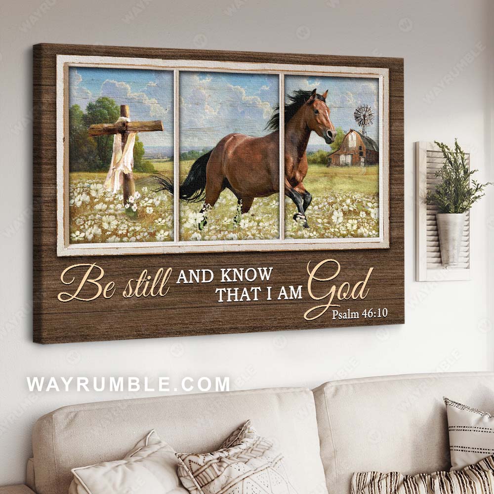 Quarter horse, White flower field, Blue sky, Be still and know that I am God - Jesus Landscape Canvas Prints, Christian Wall Art