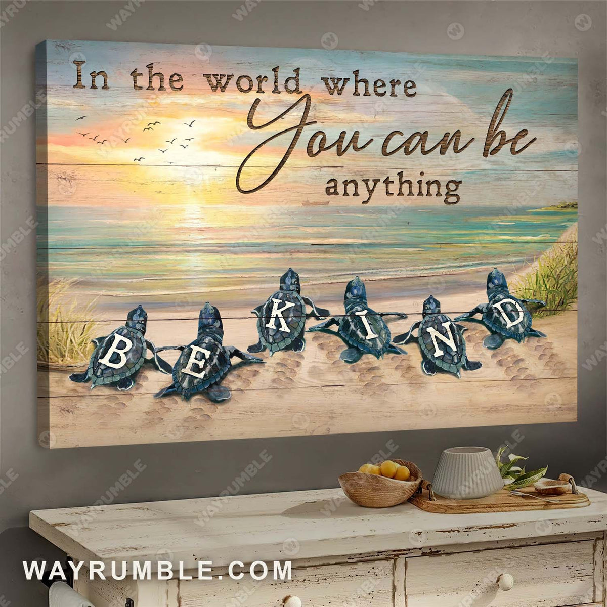 Sea turtle, Sunset on the beach, To the ocean, In the world where you can be, Be kind - Jesus Landscape Canvas Prints, Wall Art