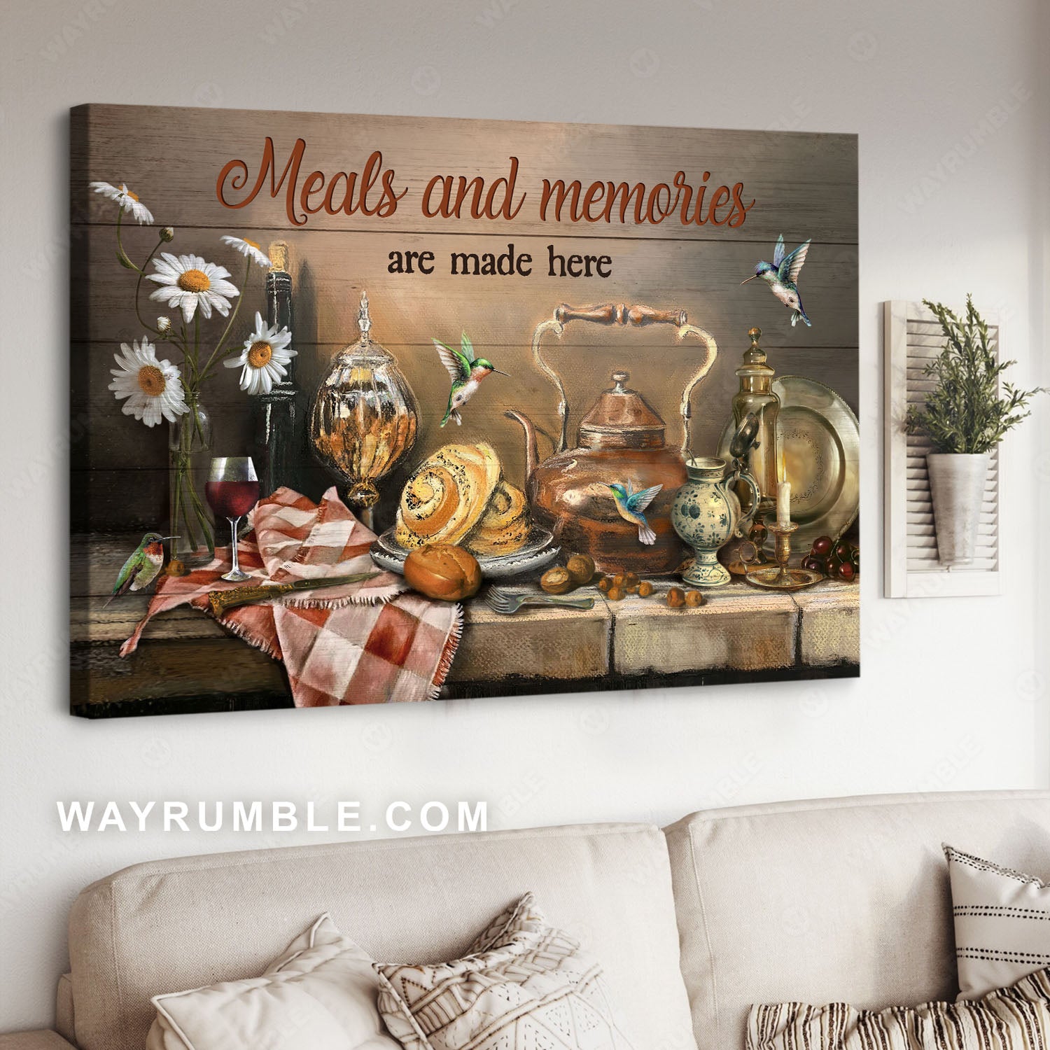 Vintage kitchen, Hummingbird, Daisy flower, Meals and memories - Jesus Landscape Canvas Prints, Christian Wall Art 