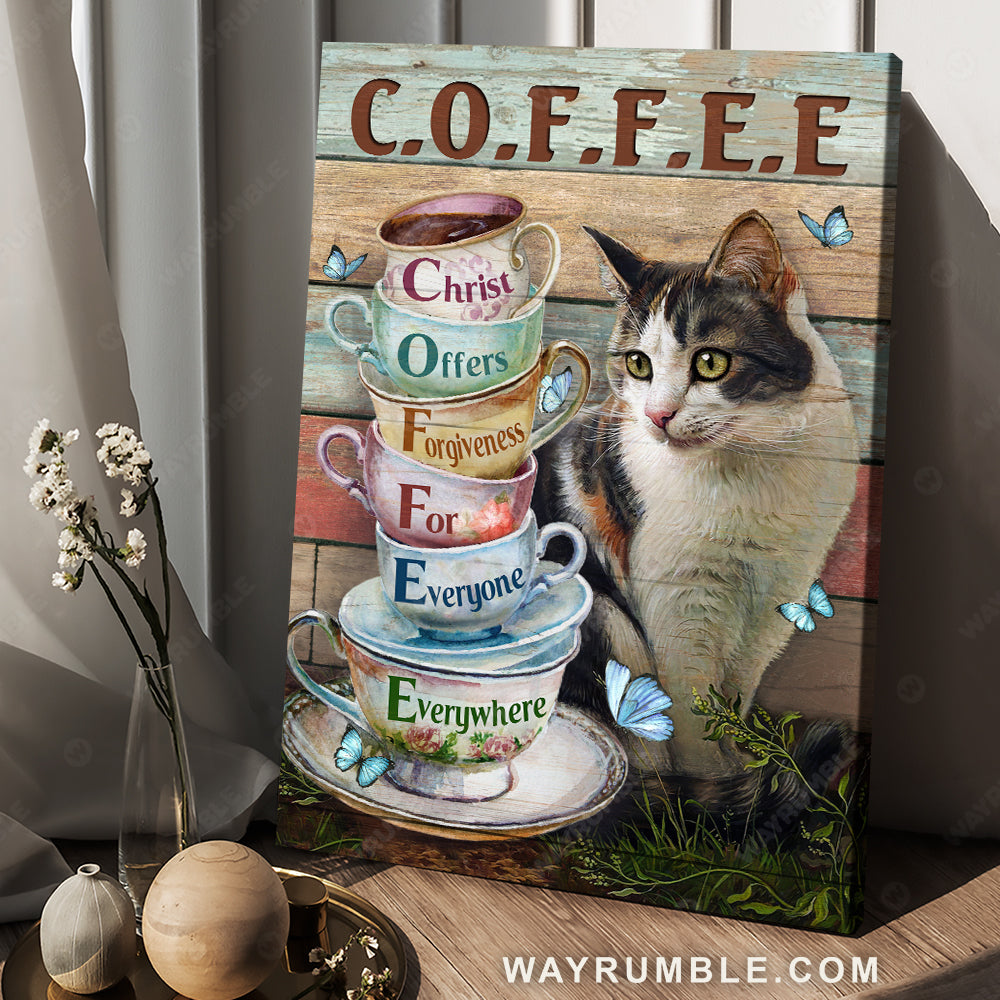 Colorful coffee cup, Cute cat, Christ offers forgiveness for everyone - Jesus Portrait Canvas Prints, Christian Wall Art