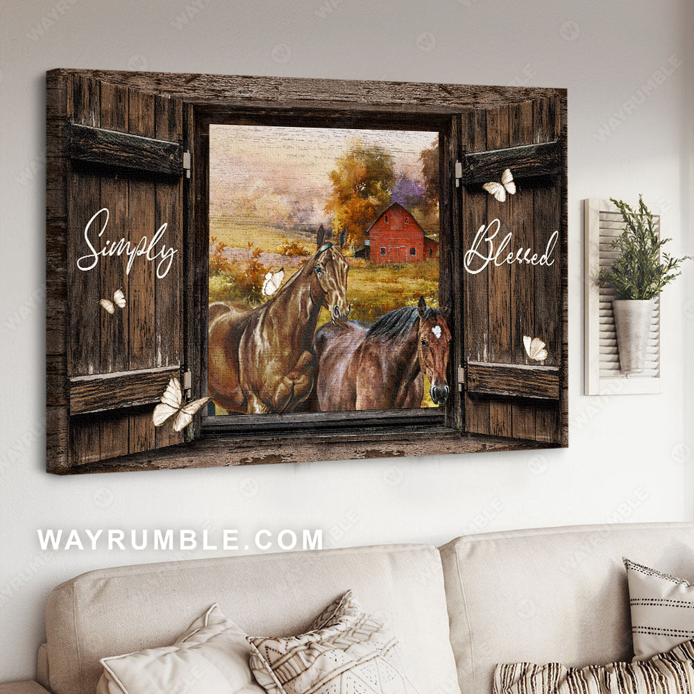 Brown horses, Old window, Meadow land, White butterfly, Simply blessed - Jesus Landscape Canvas Prints, Christian Wall Art