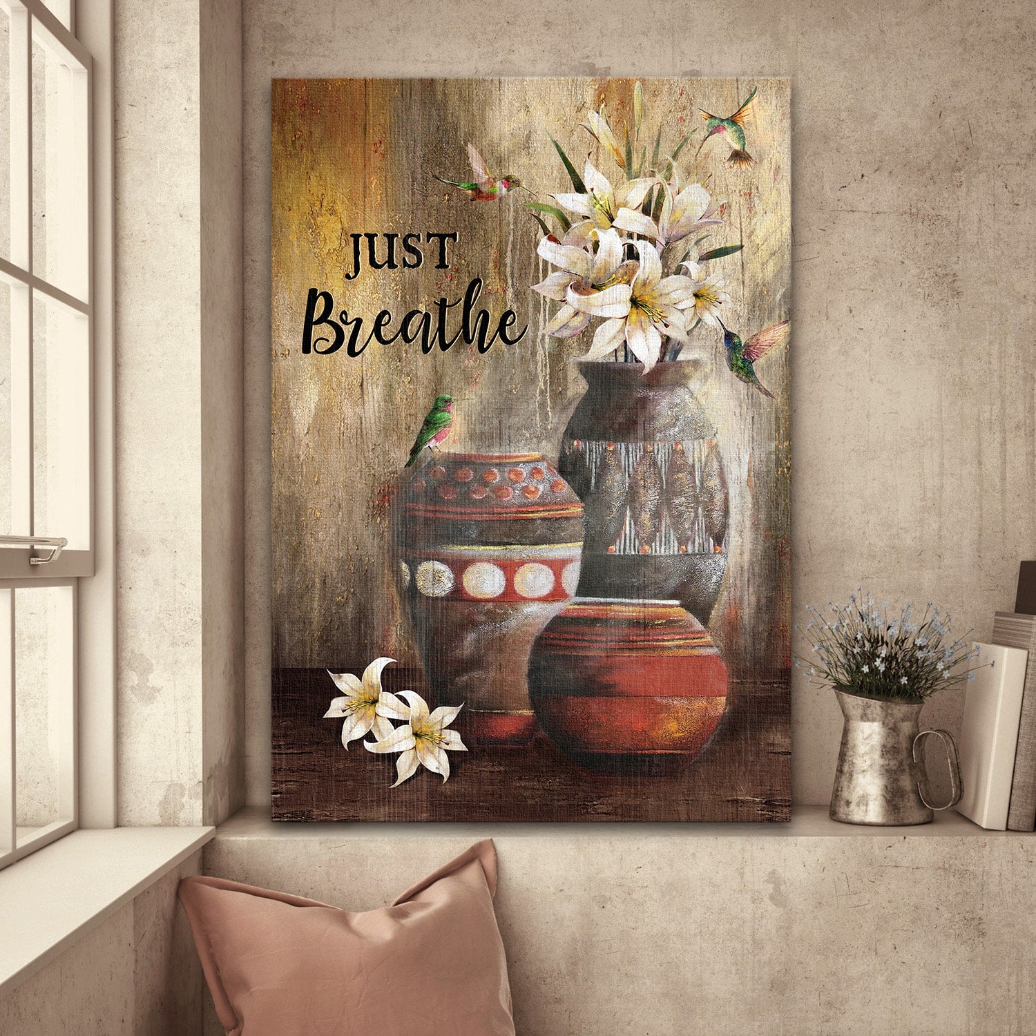 Hummingbird, Lily flower, Still Painting, Just breathe - Jesus Portrait Canvas Prints, Wall Art