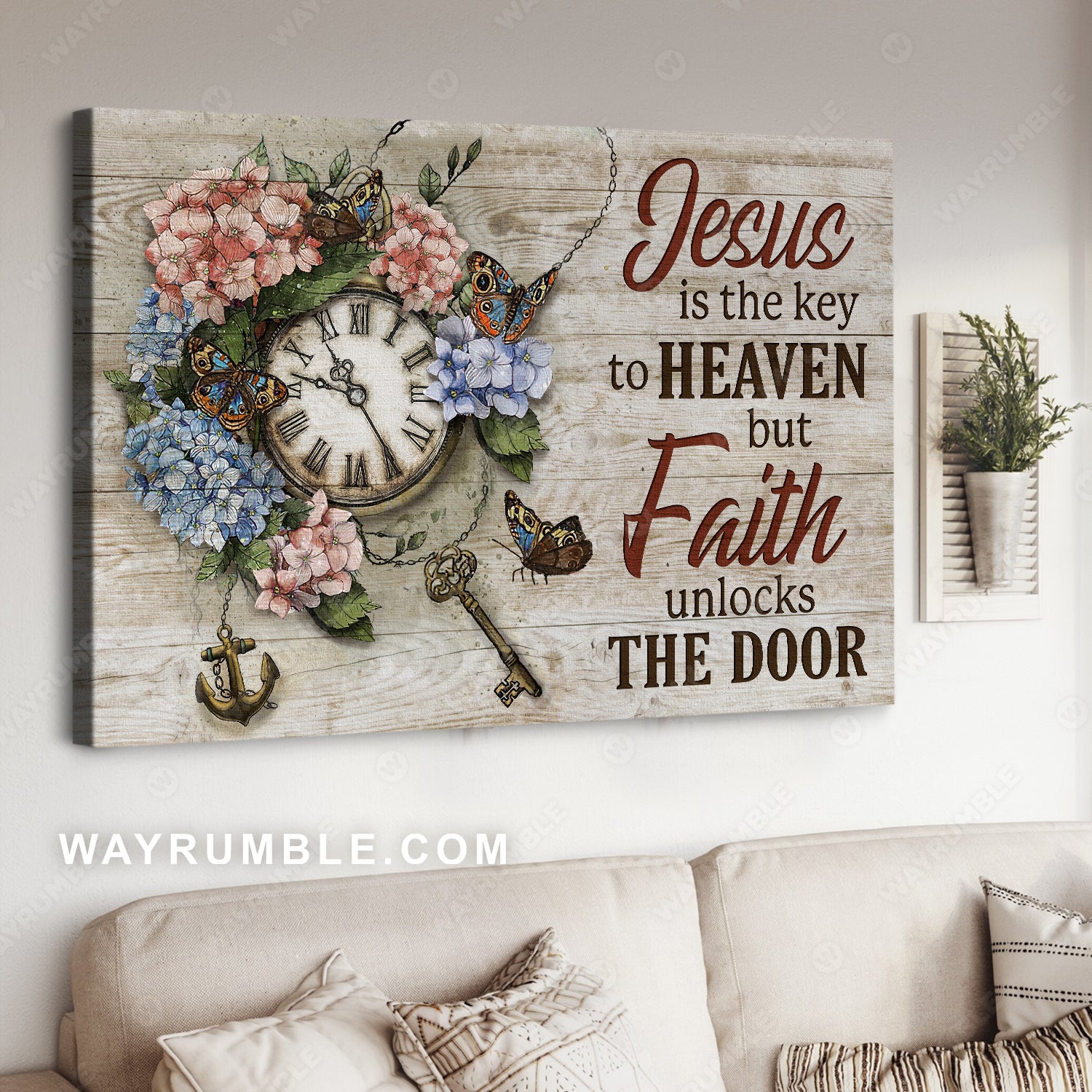 Pastel hydrangeas, Antique clock, Pretty butterfly, Jesus is the key to heaven - Jesus Landscape Canvas Prints, Home Decor Wall Art